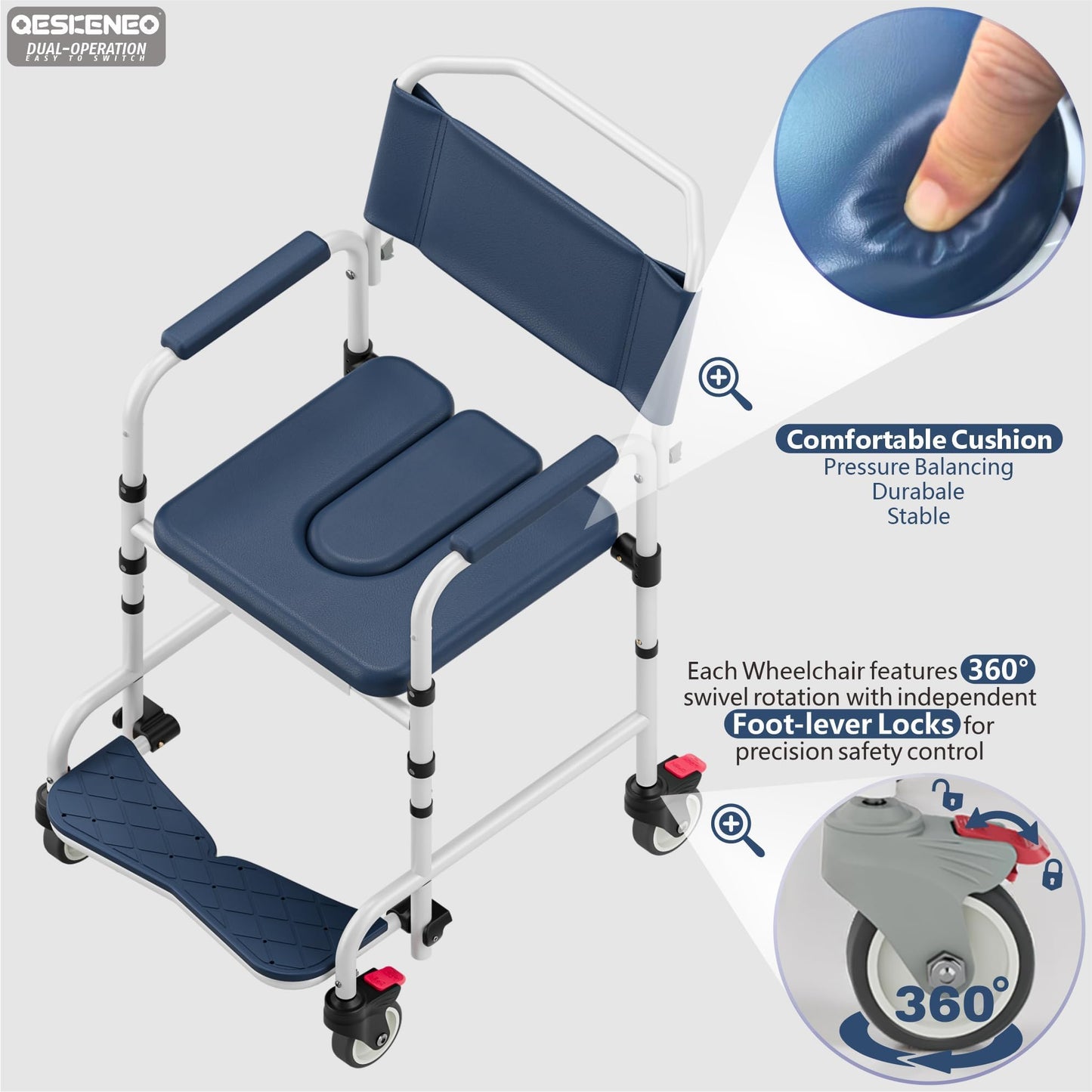 Shower Chair with Wheels, Two Modes Commode Chair for Elderly and Disabled