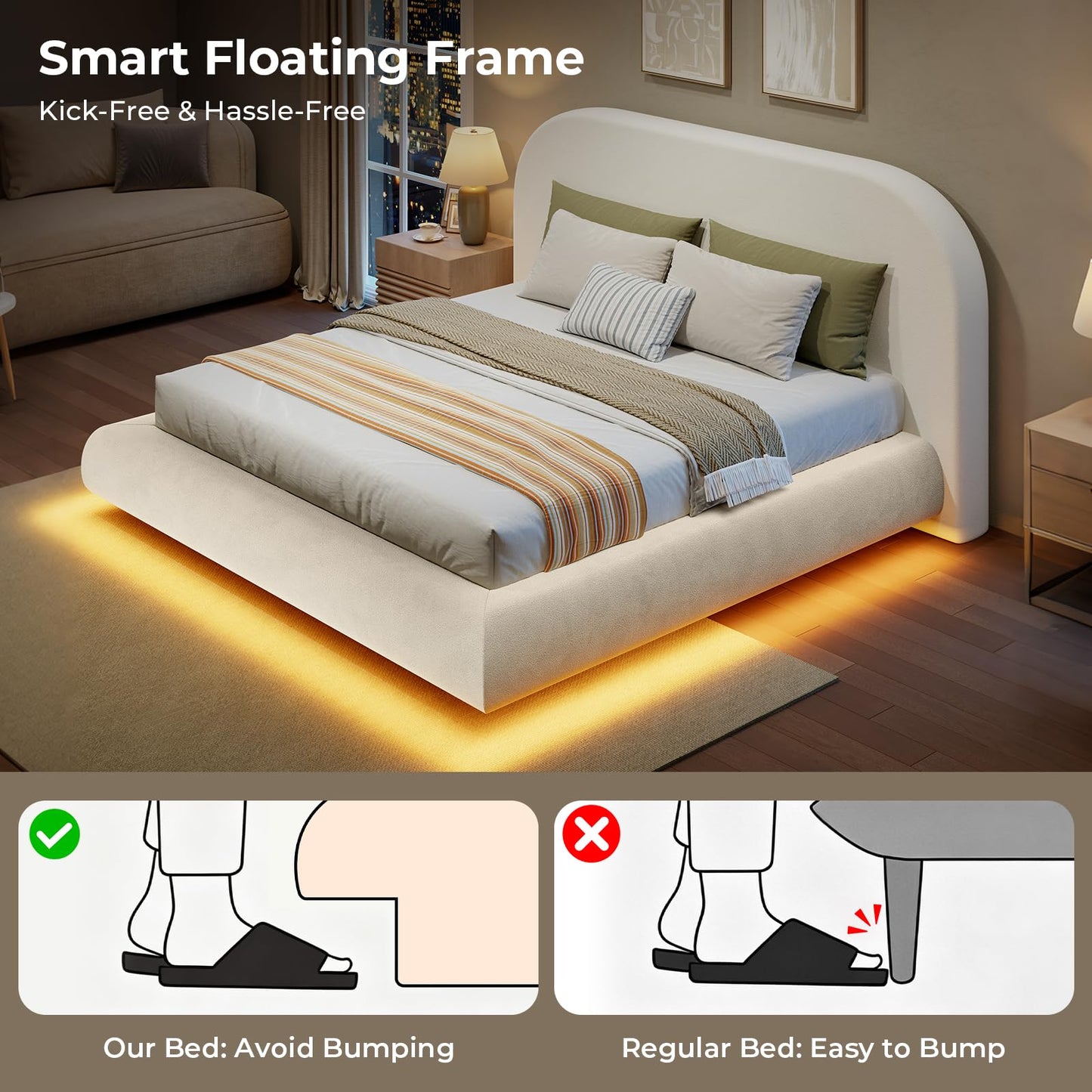 Hizyrina King Size Floating Cloud Bed Frame with 5" Thick Headboard & RGB LED Lights, Upholstered Platform Bed, Soft Rounded Corner, Metal Slat Support, Noise-Free, No Box Spring Needed, Beige
