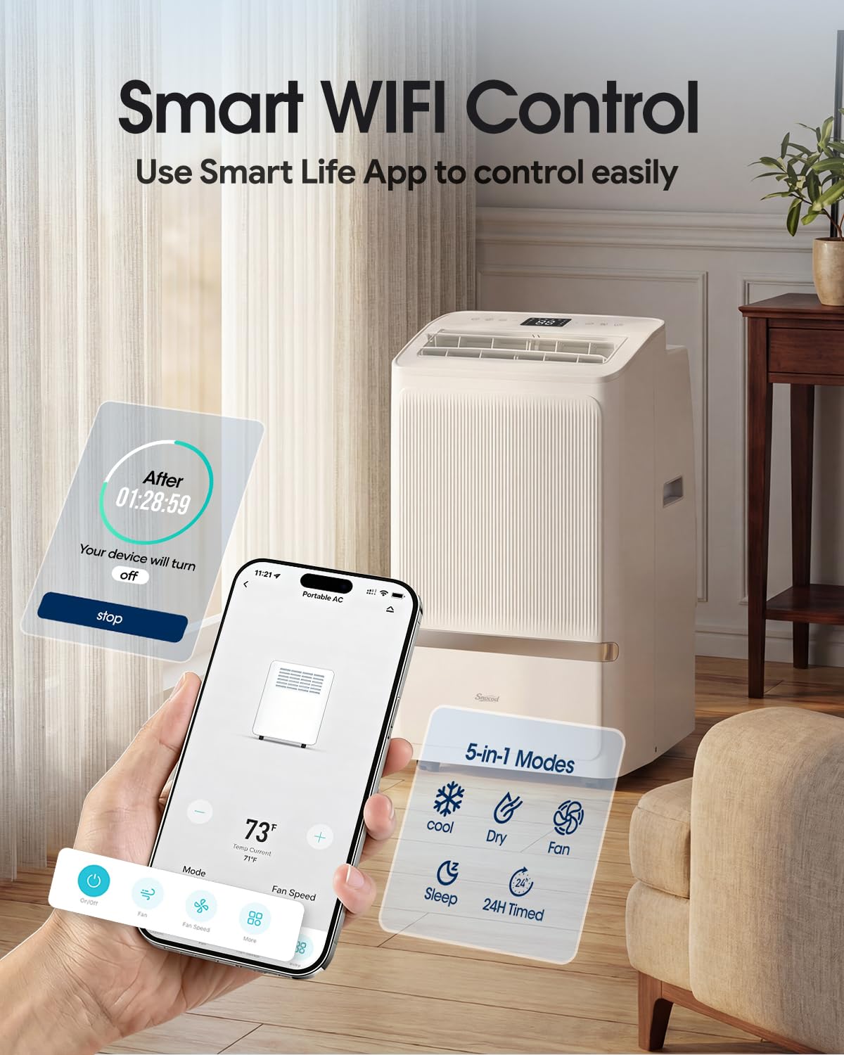 Snocod Portable Air Conditioners, 16000 BTU Cooling for 800 Sq ft, 5-in-1 with Drainage-Free Cooling, Fan, Dehumidifier, Sleep Mode, APP & Remote Control, Quiet 40 dB, Window Installation Kit