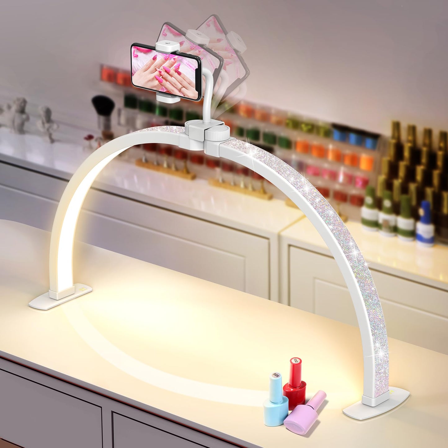 Yokilly Half Moon Desk Lamp with Phone Holder, 29in, Large, Crystal Diamond, 3 Color Modes, 10 Brightness Levels
