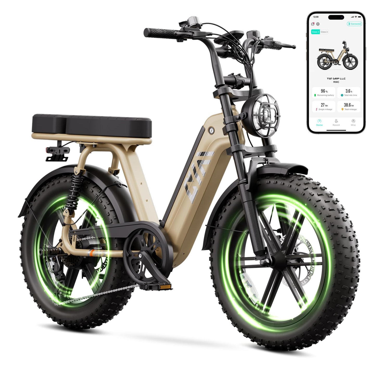 TST Electric Bike for Adults, 1500W Peak Motor Ebike with 48V 15Ah Battery, 60 Miles Range Electric Bike, 20" Fat Tire E Bike with Rear Seat, 7 Speeds（Yellow