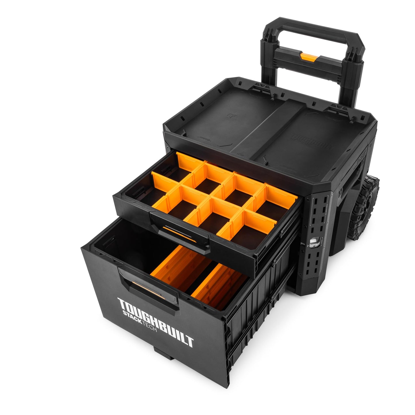 ToughBuilt StackTech 2 Drawer Rolling Locking Box, Heavy-Duty Portable Tool Chest, 240 lb Capacity - Stackable Toolbox Storage Organizer with Dividers, & Auto-Latching Drawer