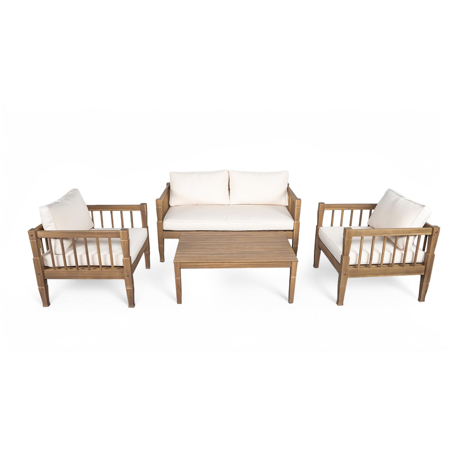 Merax 4 Piece Paito Conversation Set, All-Weather Acacia Wood Loveseat Sofa, 2 Armchairs with Deep Seating and Thick Cushions,1 Coffee Table for Porch, Lawn, Backyard, Teak+Beige
