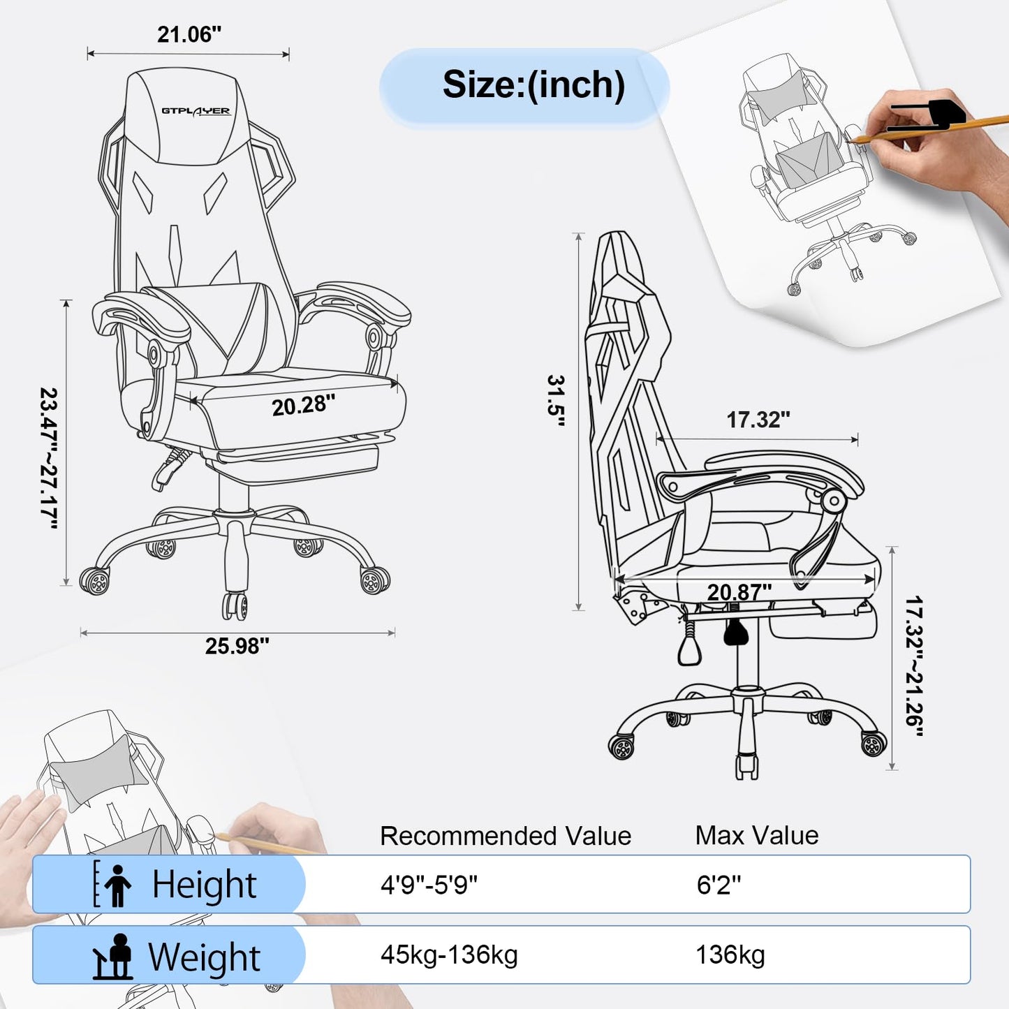 GTPLAYER Gaming Chair, Computer Chair with Mesh Back, Ergonomic Game Chair with Footrest, Reclining Game Chair with Adjustable Headrest and Lumbar Support for Gaming and Office (White)