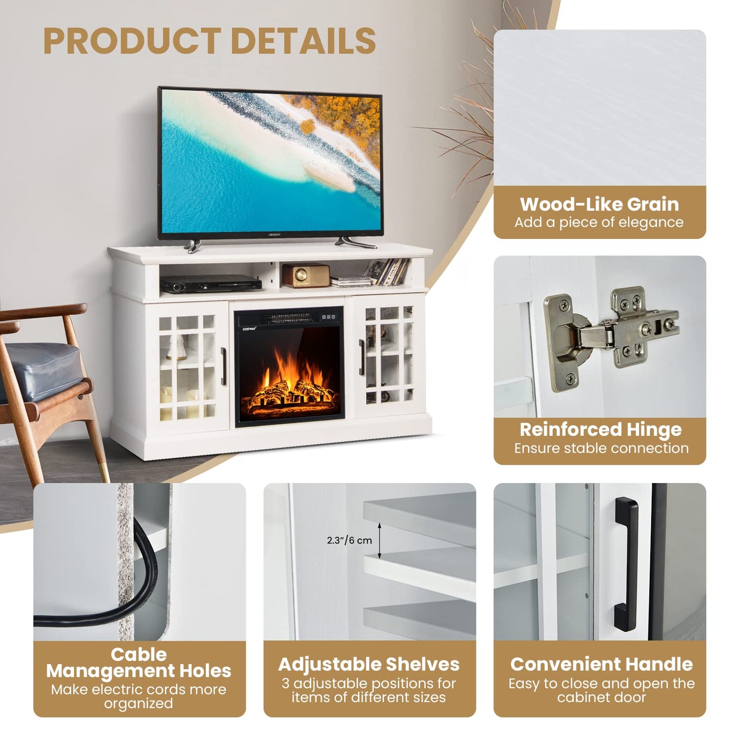 Happygrill Electric Fireplace TV Stand Up to 55 Inches, 48 Inch TV Stand w/Heater, Remote & Storage, Overheat Protection, Wooden Entertainment Center w/Adjustable Shelves for Living Room, White