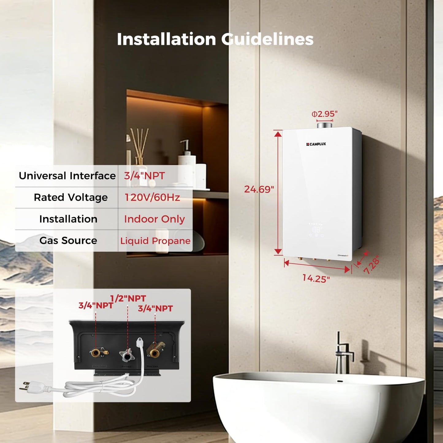 CAMPLUX Climatech 7 102000 BTU(Real Data No Exaggeration) Tankless Water Heater Propane 4.22 GPM(Up to 5 GPM), CSA Certified On Demand Instant Tankless Hot Propane Water Heater Indoor, 2-4 Outlets