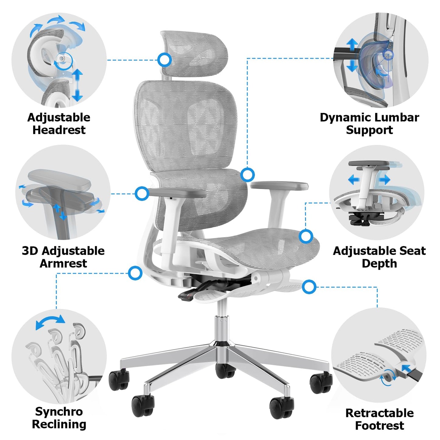 PatioMage Ergonomic Office Chair, Big and Tall Desk Chair with Adjustable Lumbar Support & Seat Depth, High Back Computer Chair, Swivel Mesh Chairs with Wheels for Home Office, White