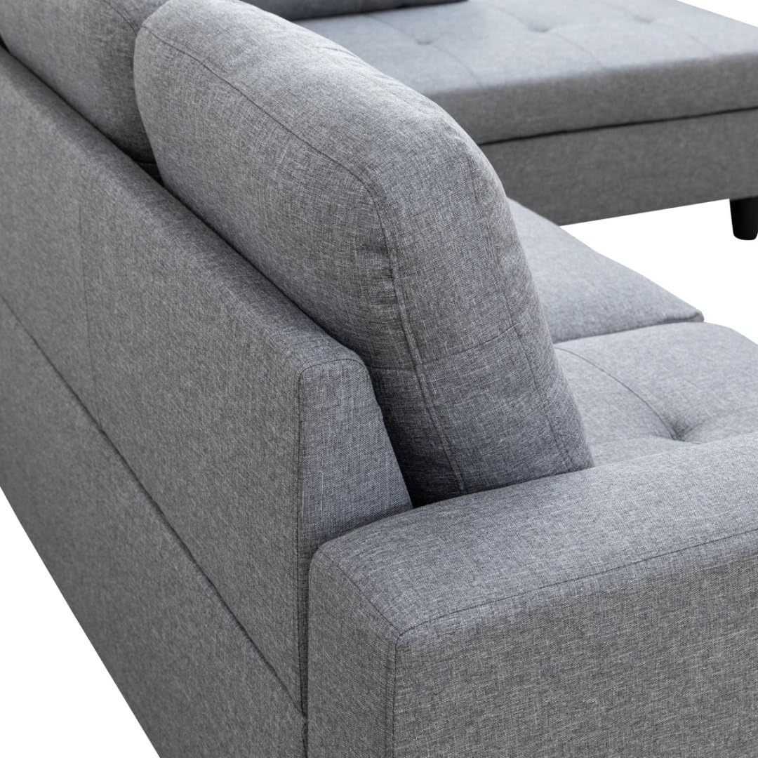 UOCFYK L-Shaped 3-Piece Linen Sofa with Storage Ottoman Set, Sectional Couch Sofa Set for Living Room, Office, Small Space, Grey