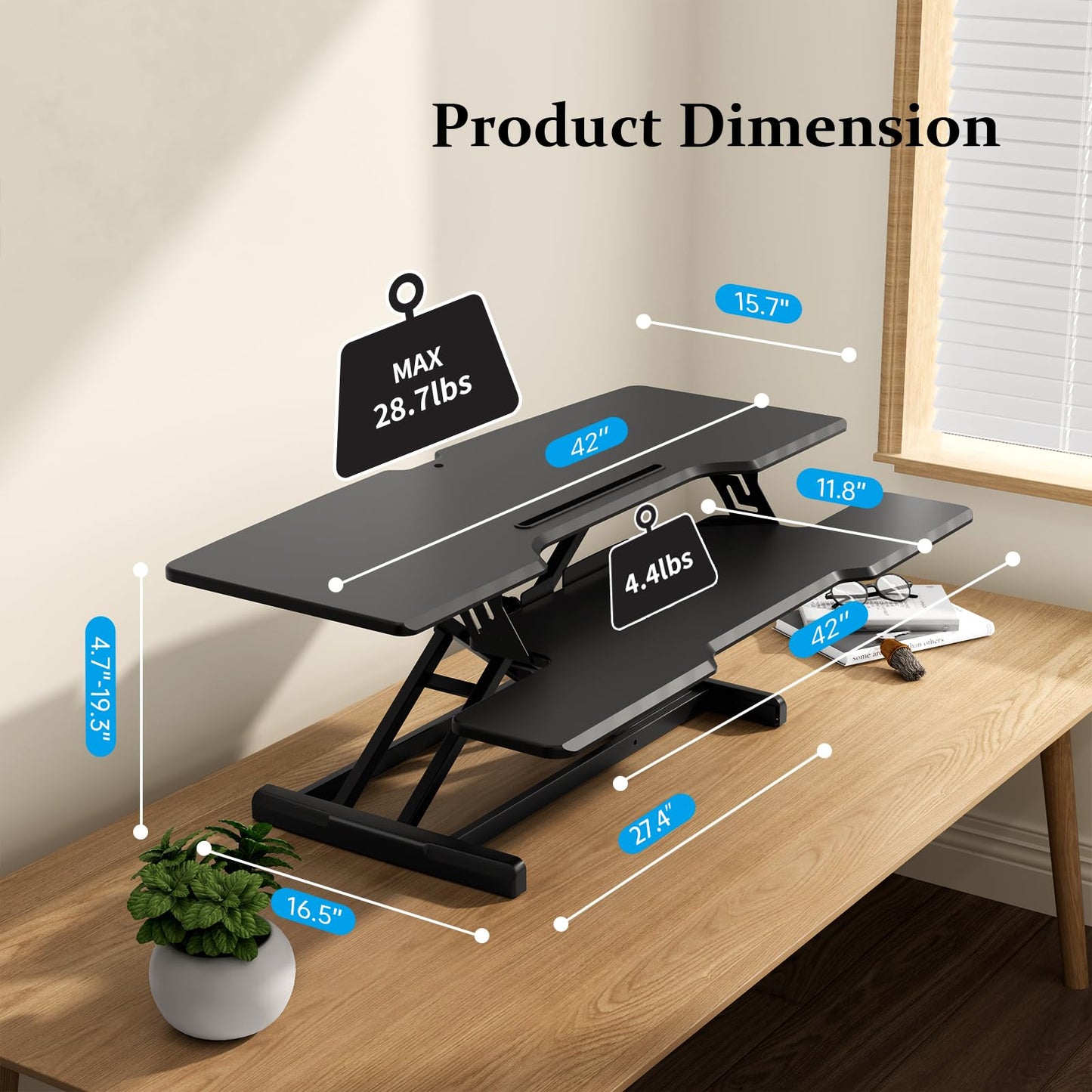 JYLH JOYSEEKER 42 inch Standing Desk Converter, Height Adjustable Desktop Standing Desk with Keyboard Tray for Two Monitors, Sit to Stand up Desk Riser Computer Workstation for Home Office, Black