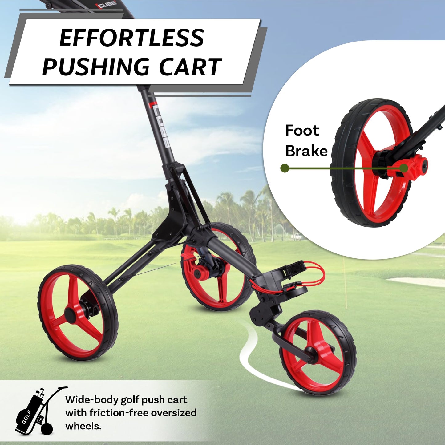 CUBE CART 3-Wheel Golf Push Cart – Ultra-Compact 14.5 lb Folding Golf Trolley, Two-Step Fold, Adjustable Handle, Foot Brake, Umbrella Holder & Built-in Storage - Charcoal/Red