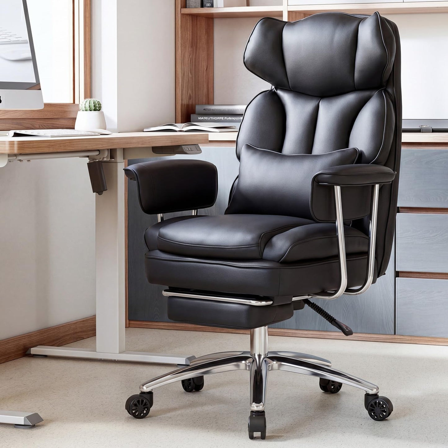 Sweetcrispy Executive Home Office Desk Chair - Ergonomic Big Tall High Back with Footrest & Lumbar Support, Reclining Height Adjustable, Comfy PU Leather Computer Gaming with Swivel Wheels, Black
