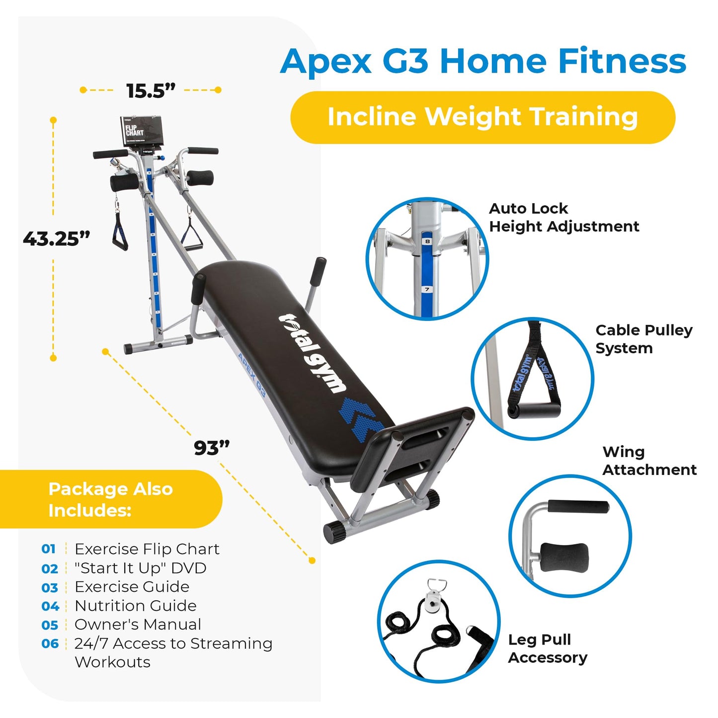 Total Gym Apex G3, Slim-Frame Incline Bodyweight Training Home Exercise Machine w/ 8 Levels of Resistance, Squat Stand, & Basic Accessory Set