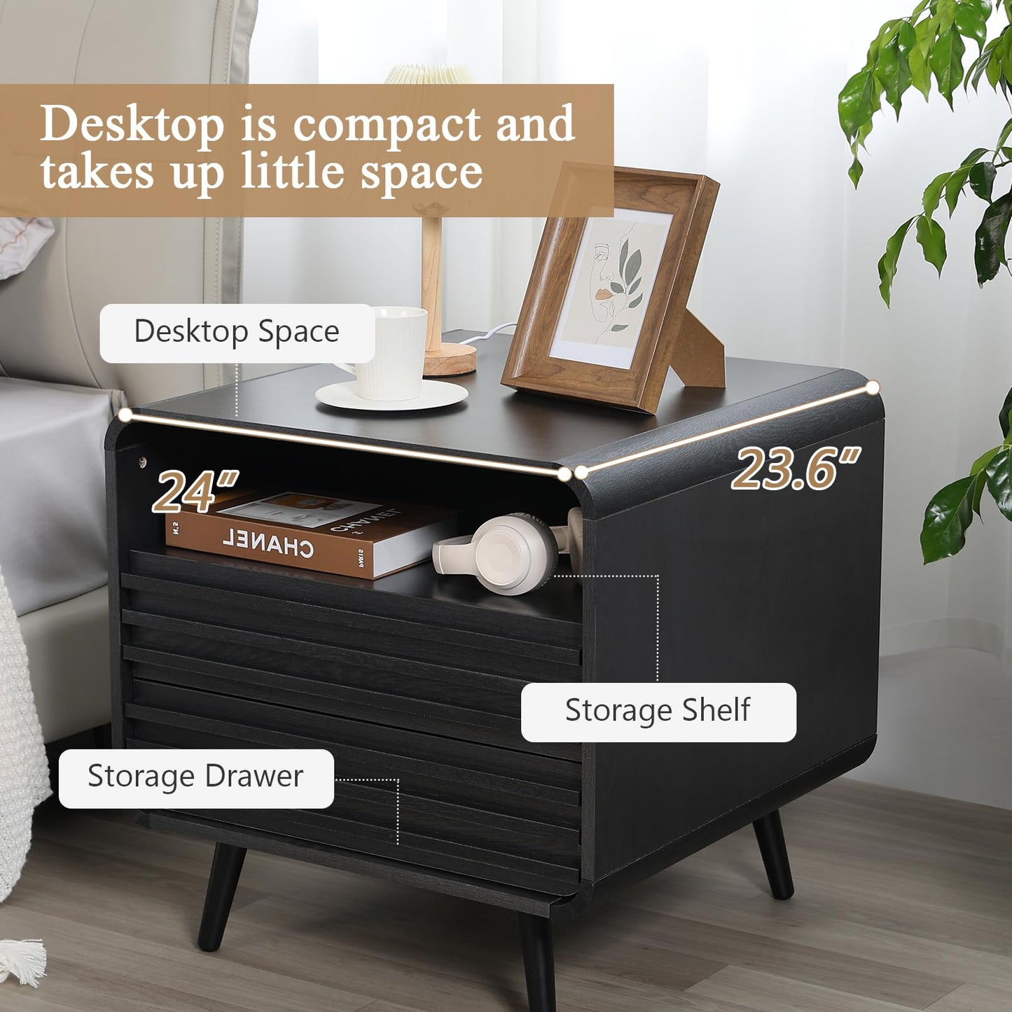 HtThalamic 24" Night Stands Set of 2, Modern Nightstand with Charging Station, Wood Fluted End Table with 2 Drawers, Black Bedside Cabinet for Bedroom