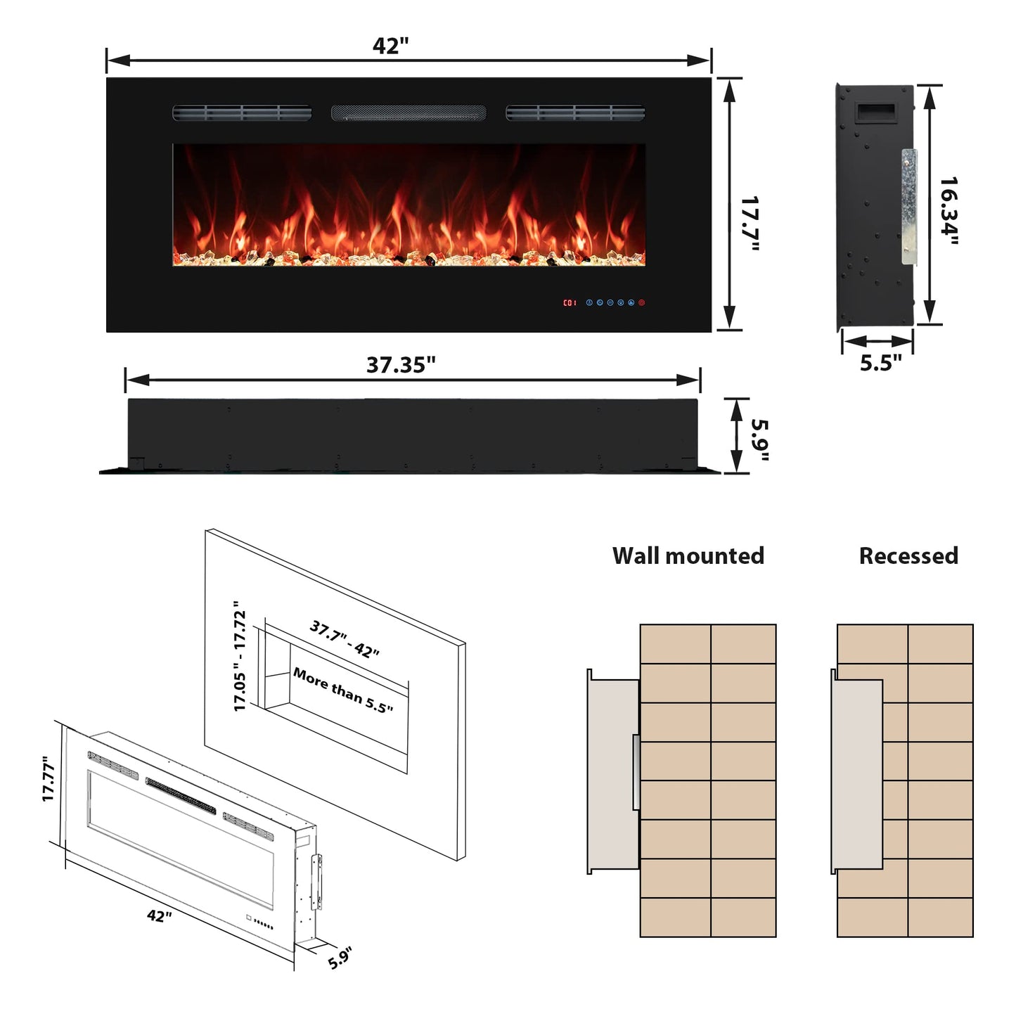42" Electric Fireplaces Inserts, Recessed & Wall-Mounted Fireplace Heater with Thermostat, Multicolor Flames,Timer, Log & Crystal, 750/1500W