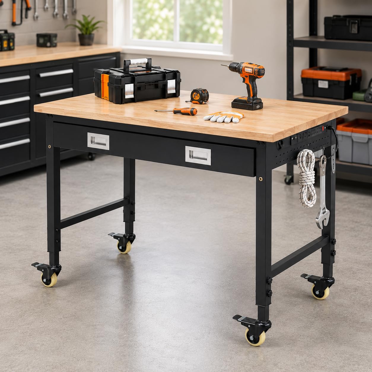 48"x24"x1.2" Heavy Duty Adjustable Workbench with Rubber Wood Top, Drawer Storage, 9 ft Power Strip, 2000 LBS Load Capacity, Lockable Wheels, ETL Certified, Black Garage & Workshop Table