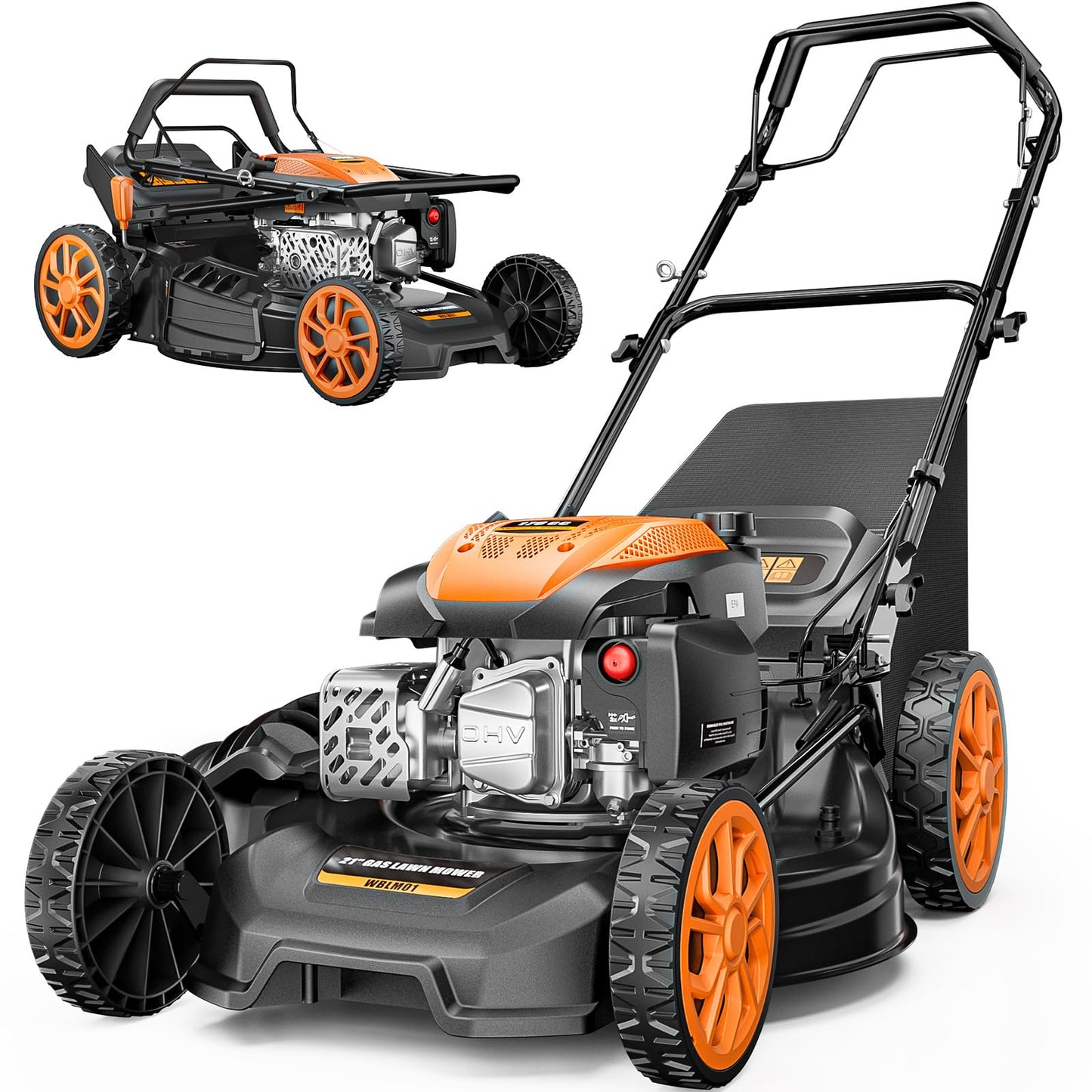 21” Self-Propelled Gas Lawn Mower, 170CC 4-in-1 Mulch/Rear Bag/Side Discharge/Rear Discharge, Foldable Gas Powered Lawn Mowers with 7-Position Cutting Height, Walk-Behind Gas Lawnmower (Yellow)