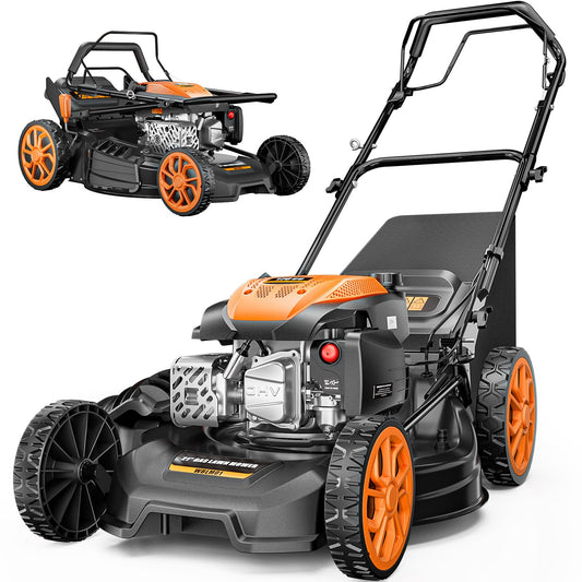 21” Self-Propelled Gas Lawn Mower, 170CC 4-in-1 Mulch/Rear Bag/Side Discharge/Rear Discharge, Foldable Gas Powered Lawn Mowers with 7-Position Cutting Height, Walk-Behind Gas Lawnmower (Yellow)
