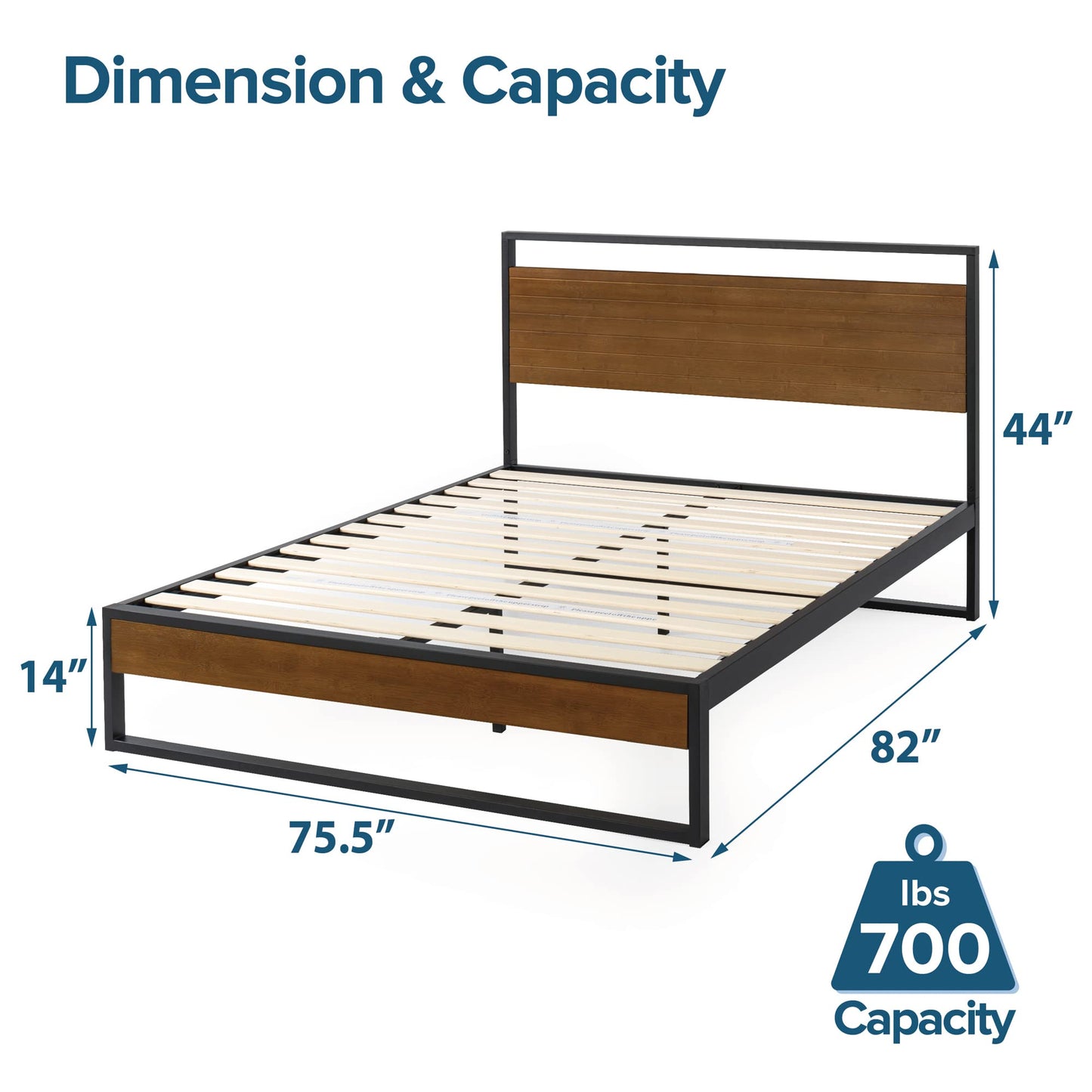 ZINUS Suzanne 44 Inch Bamboo and Metal Platform Bed Frame, Solid Steel Construction, No Box Spring Needed, Wood Slat Support, Easy Assembly, Chestnut Brown, King