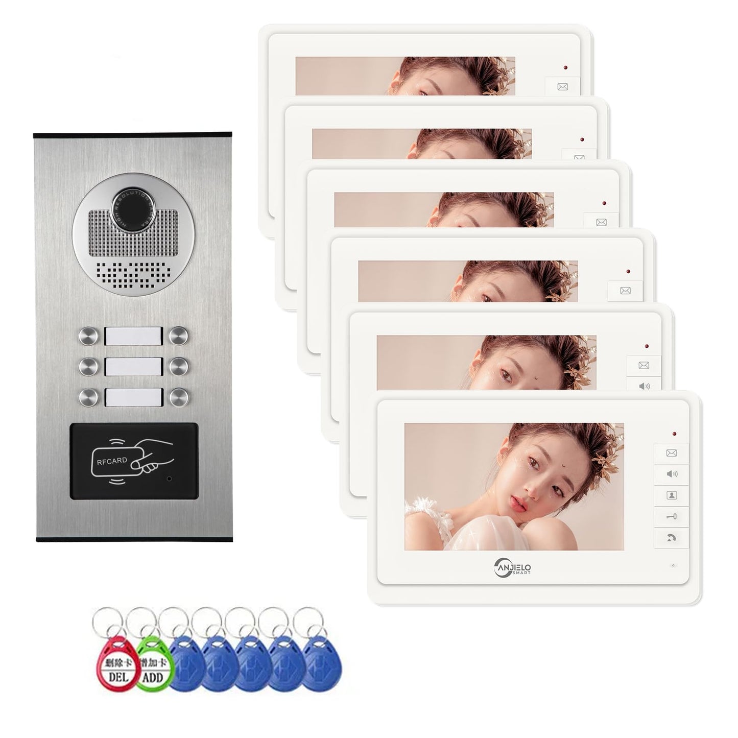 Wired Video Apartment Intercom System,6 Units 7 inch Monitor Video Door Phone Kit,Indoor Outdoor Video Doorbell, ID Card Unlock, 2 Way Audio, 6-Screen for Home Apartment (1 Doorbell+6 Monitor)