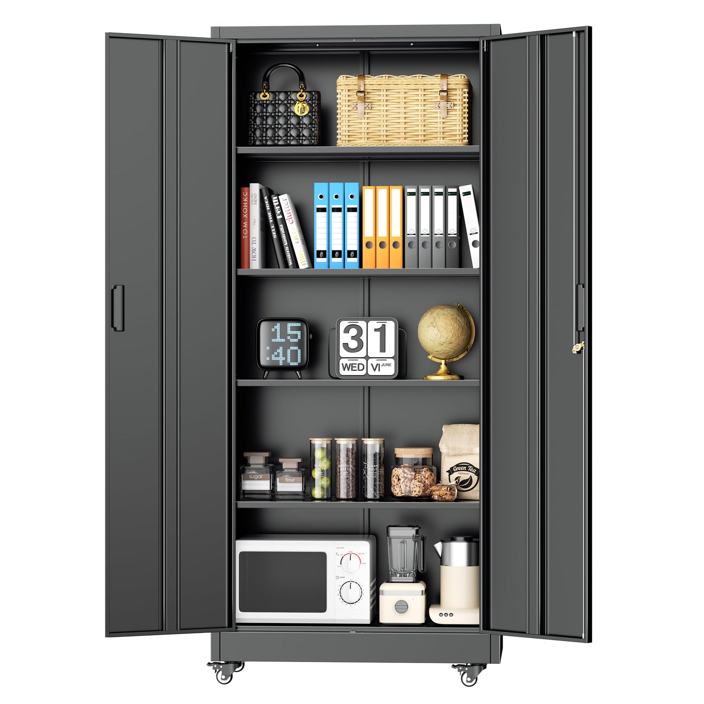 INTERGREAT Metal Garage Storage Cabinet with Wheels, Rolling Storage Cabinet with Locking Doors and 4 Adjustable Shelves,- 73" Steel Tool Cabinet for Home Office,Garage,Warehouse，Black