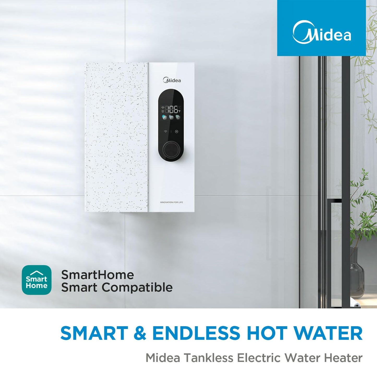 Midea 13KW Electric Tankless Water Heater, Touch Control, Wi-Fi Control, LED Display, Child Mode, 240 Volts with Automatic Power Modulation, On-demand Hot Water, White