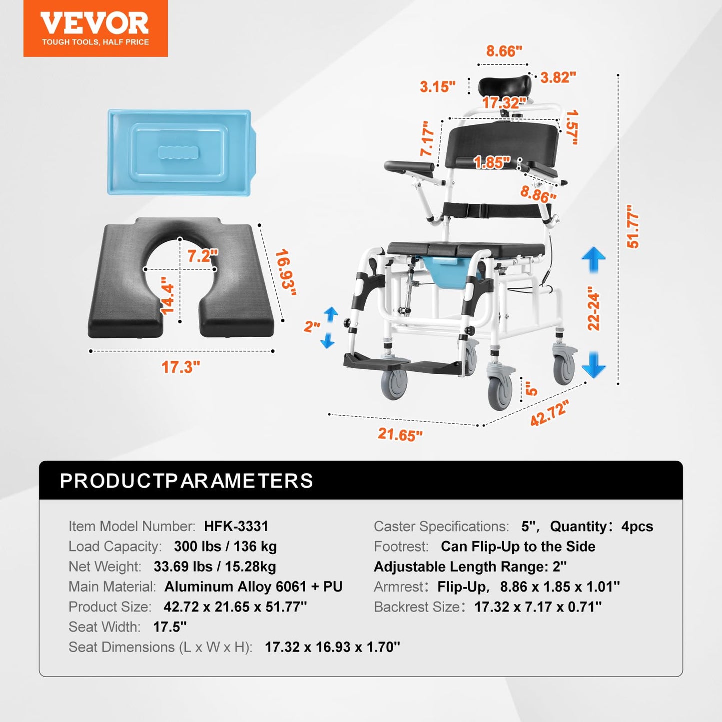 VEVOR Shower Wheelchair, 17.5in Width Aluminum Alloy Bathroom Wheelchair for Inside Shower, Adjustable Rolling Shower Chair w/Brake for Disabled Adult, 300 lbs Capacity Shower Transport Chair