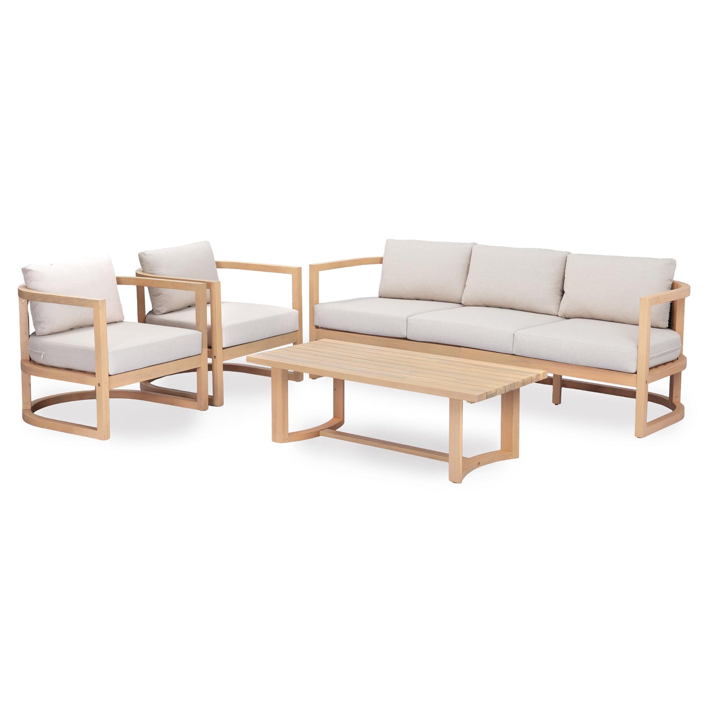 Merax 4 Piece Rattan Woven Paito Conversation Set, All-Weather Acacia Wood 3 Seater Sofa,2 Club Armchairs with Cushions, 1 Coffee Table for Porch, Lawn, Backyard, Balcony, Light Teak