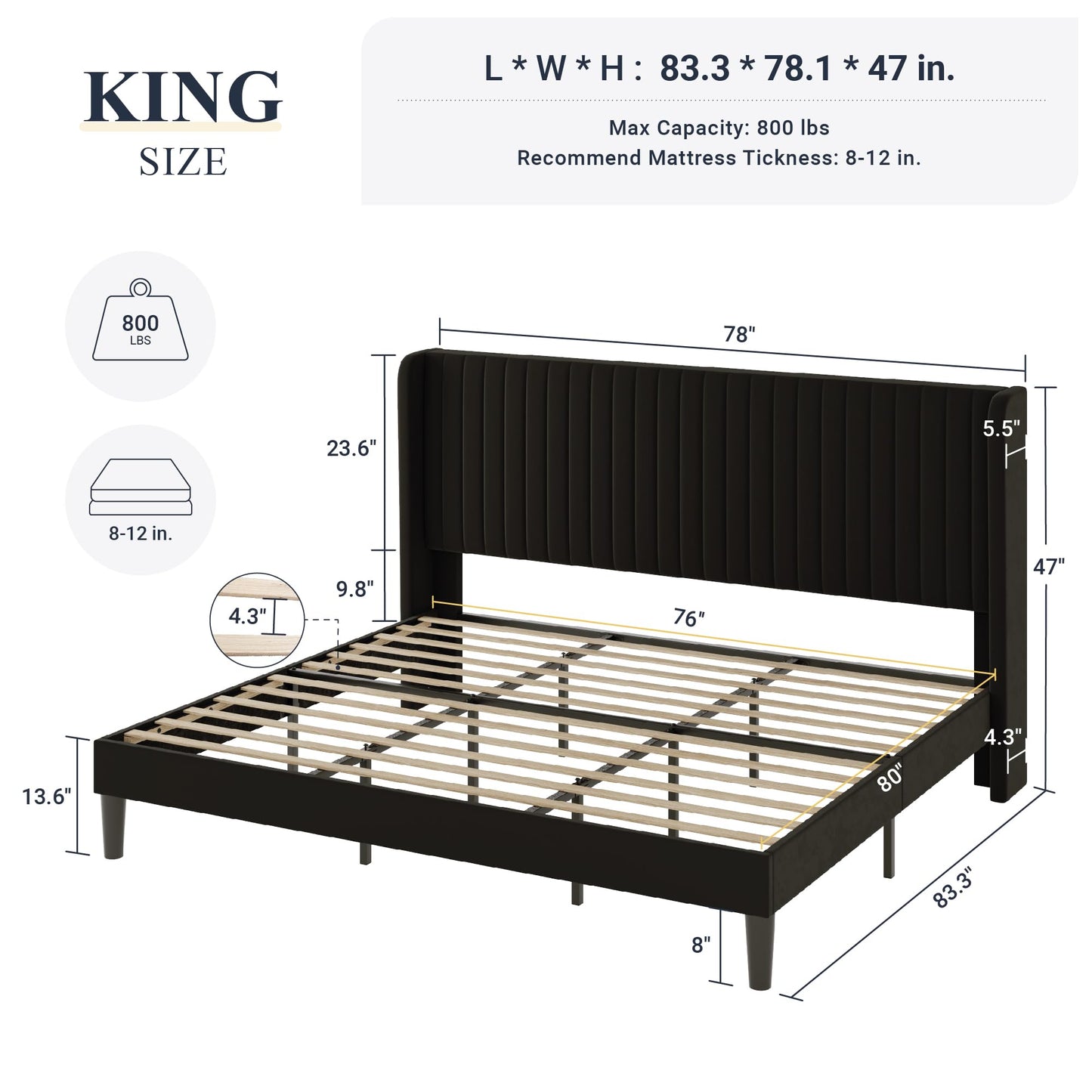 Allewie King Size Velvet Bed Frame/Vertical Channel Tufted Wingback Headboard/Upholstered Platform Bed/Strong Wooden Slats/No Box Spring Needed/Easy Assembly/Black