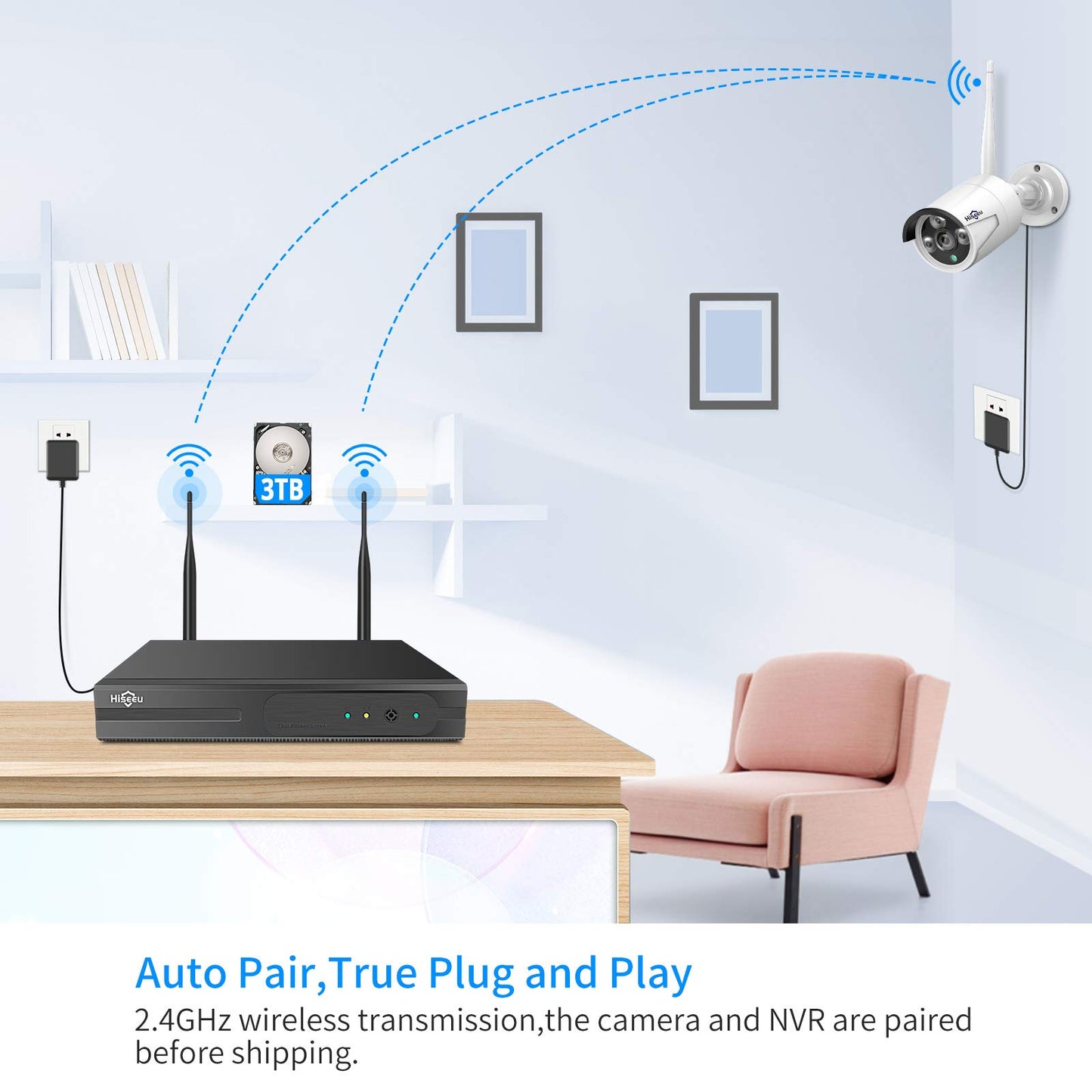 【16CH Expandable】Hiseeu Home Security Camera System, 24/7 Recording, Wired Plug-in Powered 8Pcs 5MP Outdoor Camera, 4K NVR Kit, Night Vision, IP66, Motion Detection, 3TB HDD, 2.4G/5G Wireless Pro WiFi
