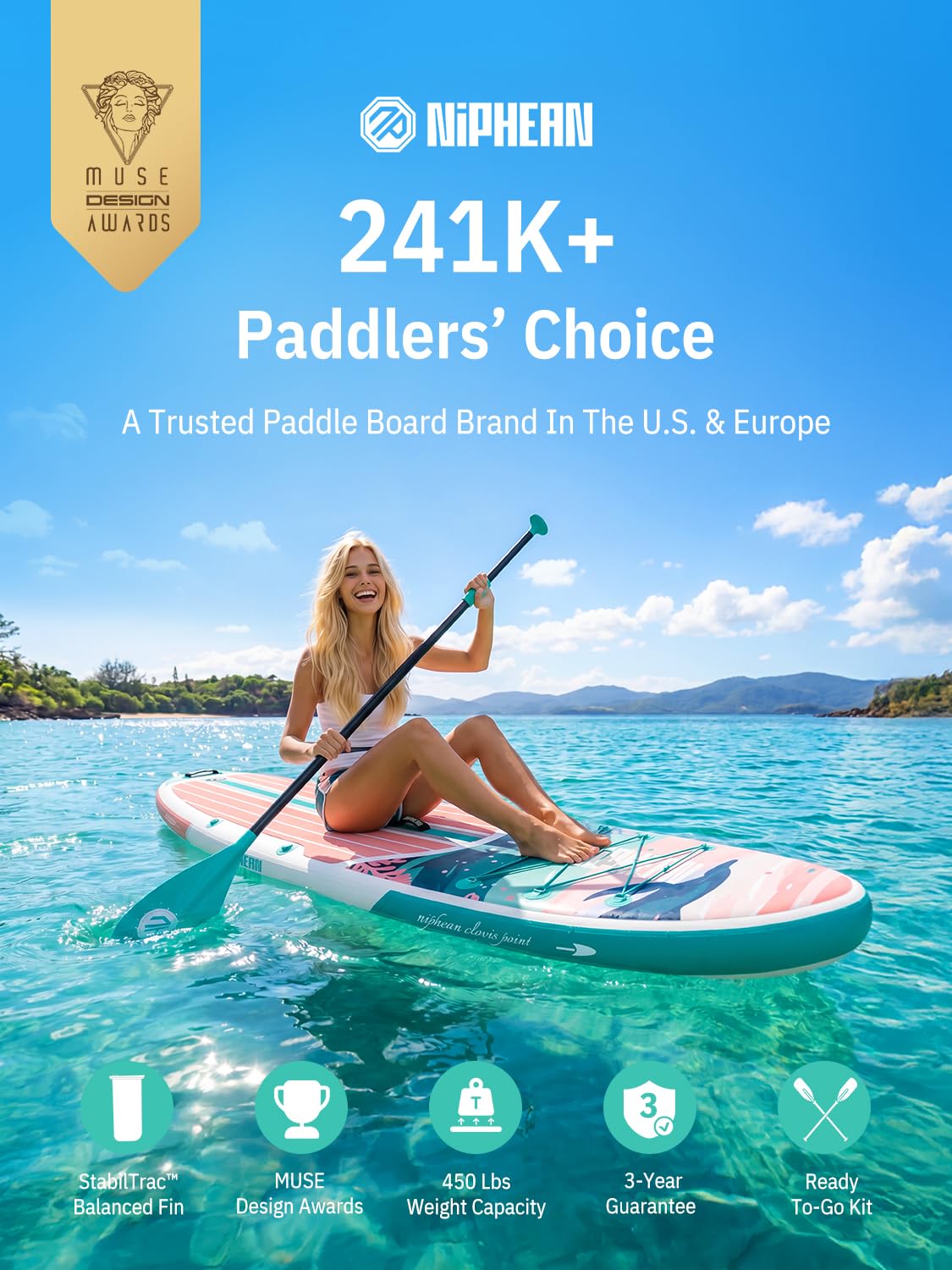 Niphean Inflatable Stand Up Paddle Board with SUP Accessories, Anti-Slip EVA Deck, 10’6’’ Inflatable Paddle Boards for Adults & Youth of All Skill Levels (Dolphin Dreamscape)