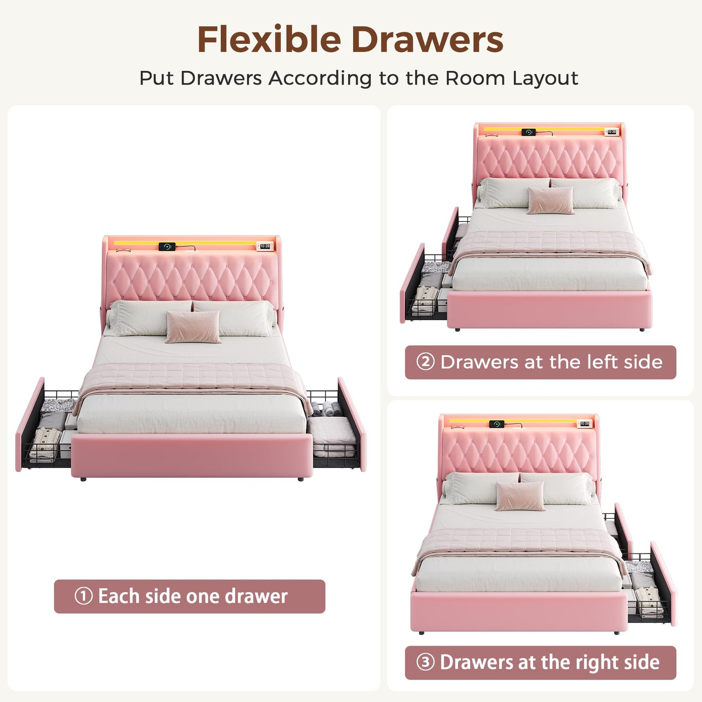 Queen LED Velvet Bed Frame with 2 Storage Drawers&Hidden Headboard, Upholstered Platform Bed with Charging Station&Button Tufted Design, Wooden Slats Support, Box Spring Optional, Easy Assembly, Pink
