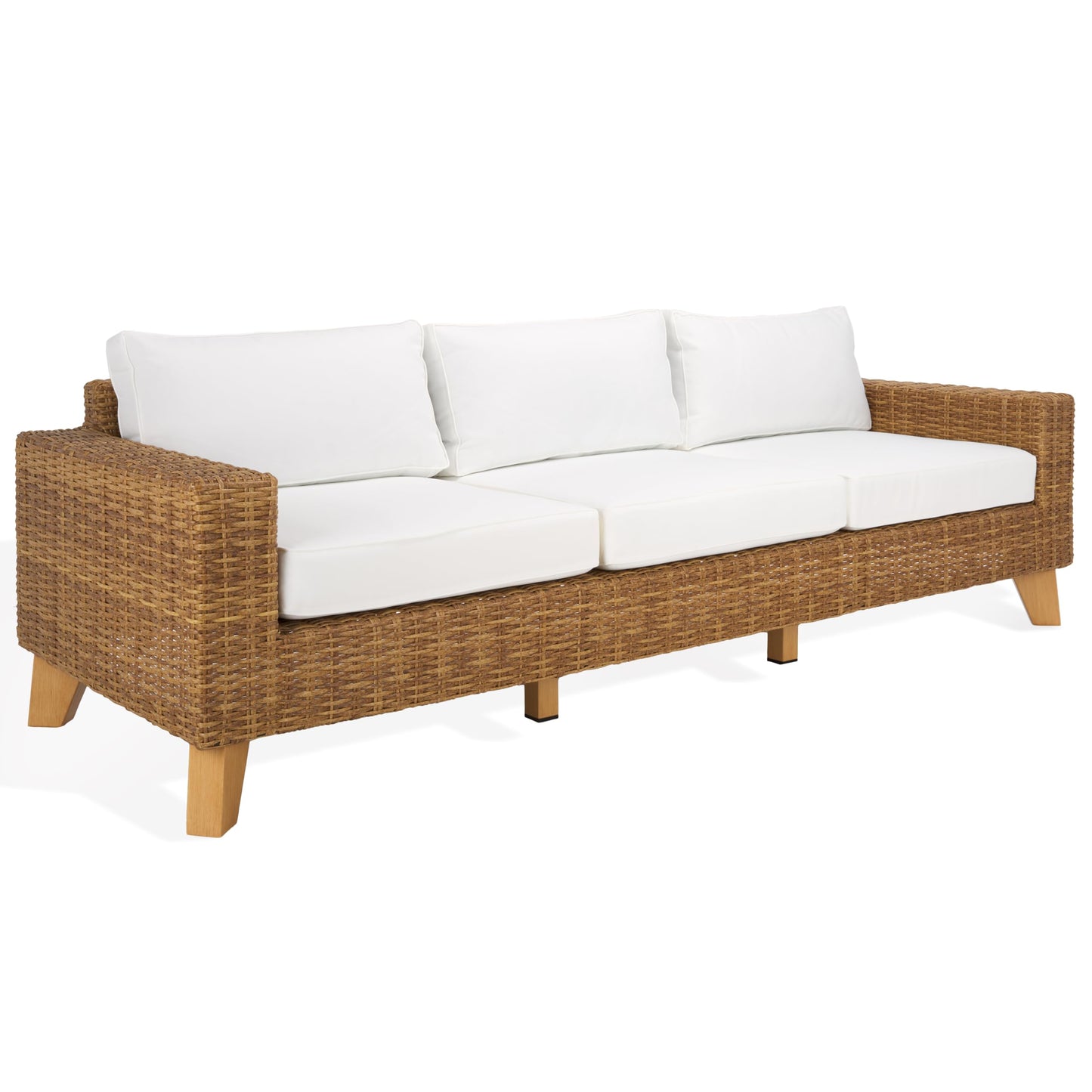 SAFAVIEH Couture Outdoor - Margarita Wicker Sofa - Brown & White - Performance Linen & Aluminum Frame - Ideal for Patio, Deck, Porch, Backyard, 94.5"W x 33.5"D x 27.2"H (CPT2102A)