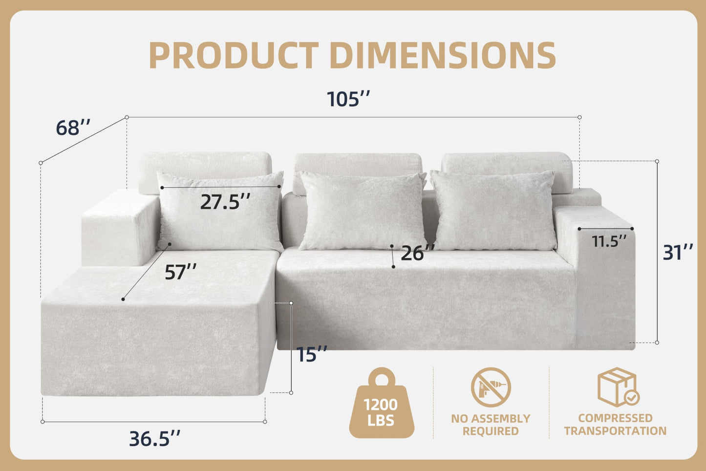 Homguava Modular Sectional Couches for Living Room, Cloud Couch with L-Shape Chaise,Comfy Sofa Living Room Couch with Deep Seat,No Assembly L Couch,Luxury Distressed Velvet(Begie,L)
