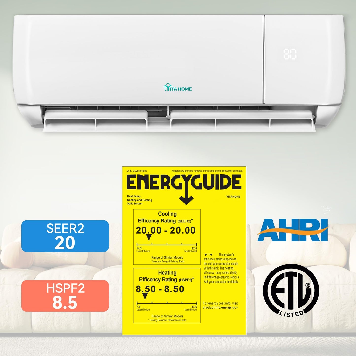 YITAHOME 12000 BTU Mini Split AC/Heating System, Ductless Mini Split Air Conditioner Heat Pump,115V 20 SEER2 Energy Efficient Inverter AC Unit,Wifi Enabled Compatible with Alexa for Apartment, Garage