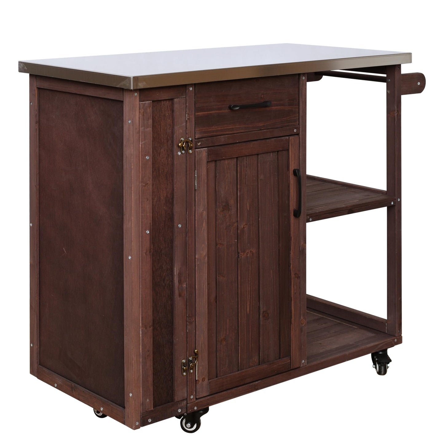 Outdoor Kitchen Island Cart with Stainless Steel Top, Rolling Grill Table with Storage Cabinet Drawer Shelves & Towel Rack, Wooden BBQ Prep Station with Lockable Wheels for Patio Backyard, Dark Brown