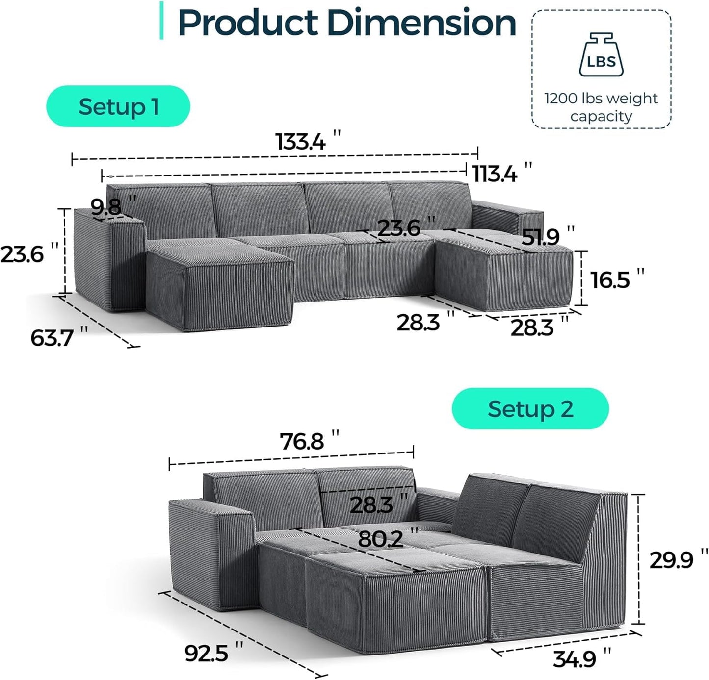 LINSY HOME Modular Sectional Sofa, 134" Boneless Couch U Shaped 4-Seat Sofa with 2 Movable Ottomans, Corduroy Sectional Cloud Couches for Living Room, No Assembly Required, Grey