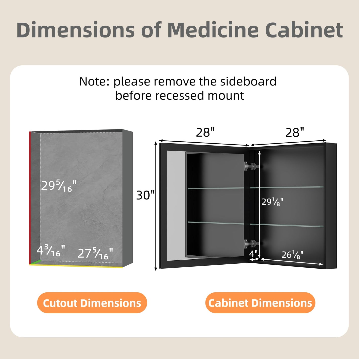 Keazile 28 x 30 Inch Large Medicine Cabinet with Mirror, Black Aluminum Bathroom Cabinet with Storage, Oversized Single Door Tempered Beveled Glass, Recessed or Surface Mount, Adjustable Shelves