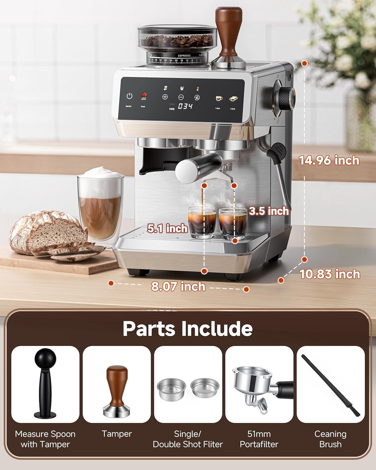 AMZCHEF Espresso Machine With Grinder, 190℉-201℉ Temp Control Coffee machine with 44 Grind Setting, Milk Frother, Touch Screen, Cold Brew, Sliver