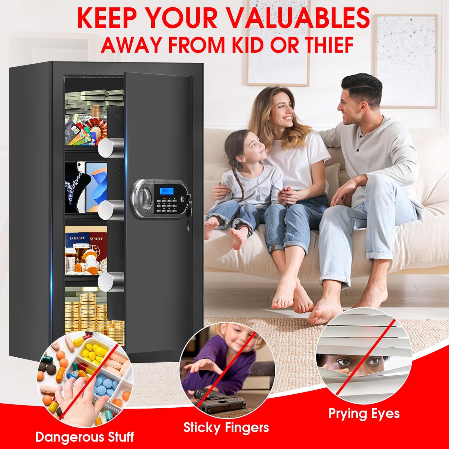 6.0 Cuft Large Fire Proof Safe for Home Documents, Safe Box Fireproof Waterproof with Electronic Keypad, Spare Keys and Alert System, Digital Home Safes Water and Fireproof for Office Money Valuables
