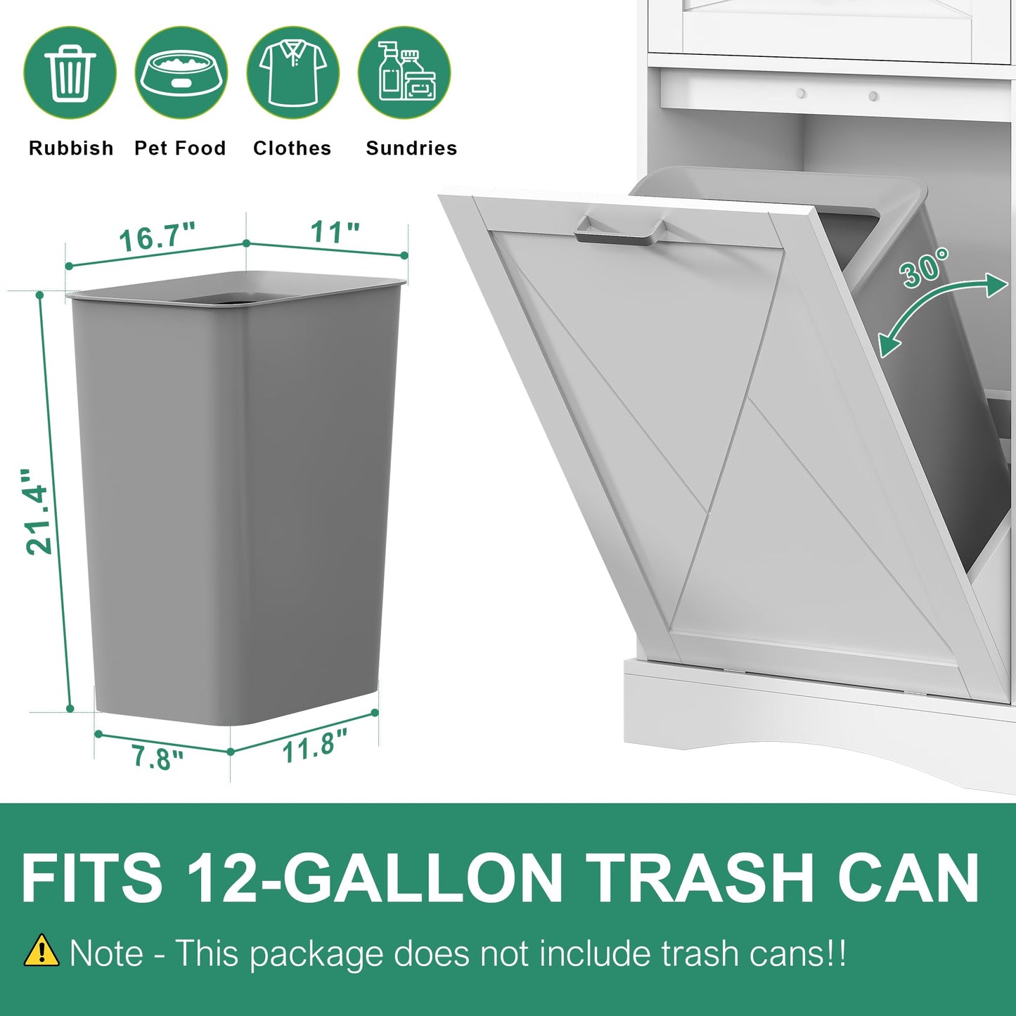 kepptory Tilt Out Trash Can Cabinet 12 Gallon, Pull Out Trash Can Storage Cabinet with 2 Drawers & Countertop, White Kitchen Cabinet with Adjustable Shelf, for Kitchen Pantry, Modern Farmhouse