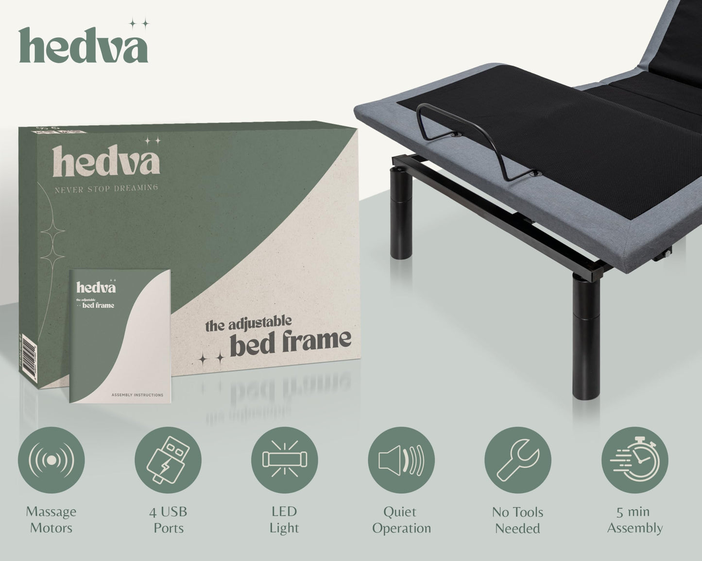 Hedva Queen Adjustable Bed Frame, Head & Foot Incline, Zero Gravity, Massage, Anti-Snore, 4 USB Ports, LED Under-Bed Light, Easy 5 Min Assembly, Wireless Remote (Black)