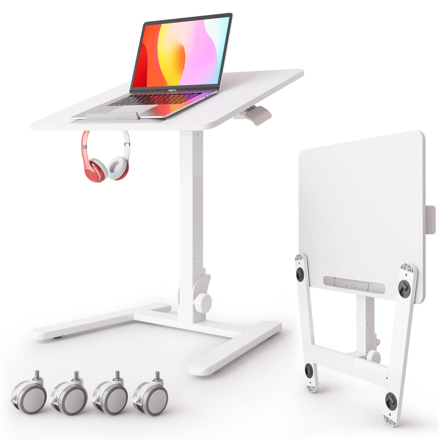 Monomi Mobile Folding Desk 25.6 Inch, Small Sit-Stand Height Adjustable Rolling Laptop Desk, Space-Saving Portable Desk with Wheels for Home Office Craft & Study, White
