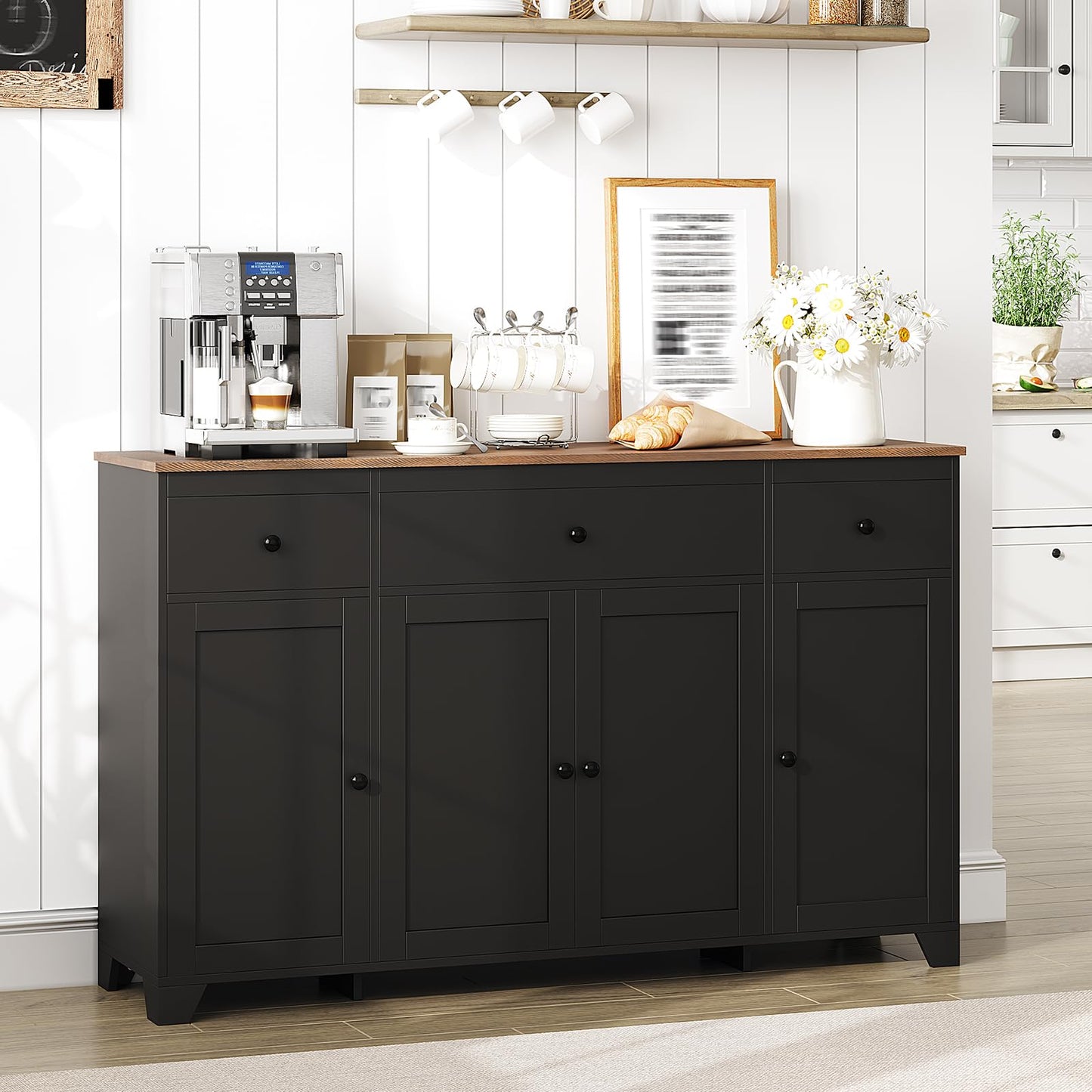 GarveeHome 55" Sideboard Buffet Cabinet with Storage, Minimalist Kitchen Storage Cabinet with 3 Drawers & 4 Doors, Buffet Console Table Coffee Bar with Adjustable Shelf for Dining Living Room- Black