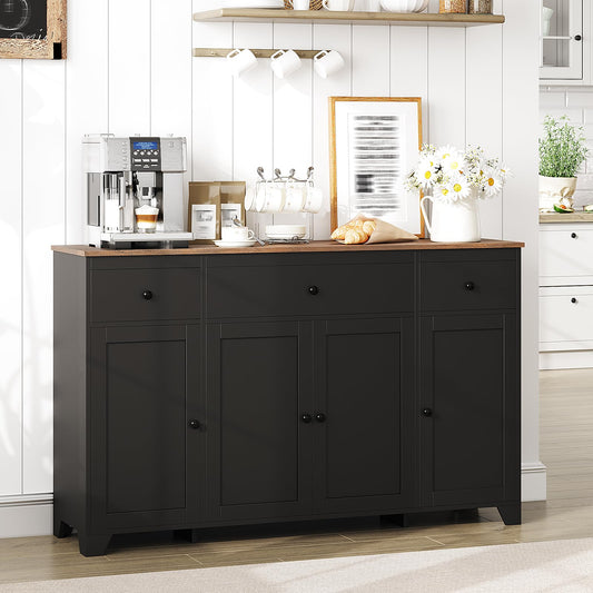 CuisinSmart 55" Buffet Cabinet with Drawers, Large Sideboard Buffet Storage Cabinet with Shelves and Doors, Minimalist Coffee Bar Station Wood Kitchen Table for Kitchen, Dining Room- Black