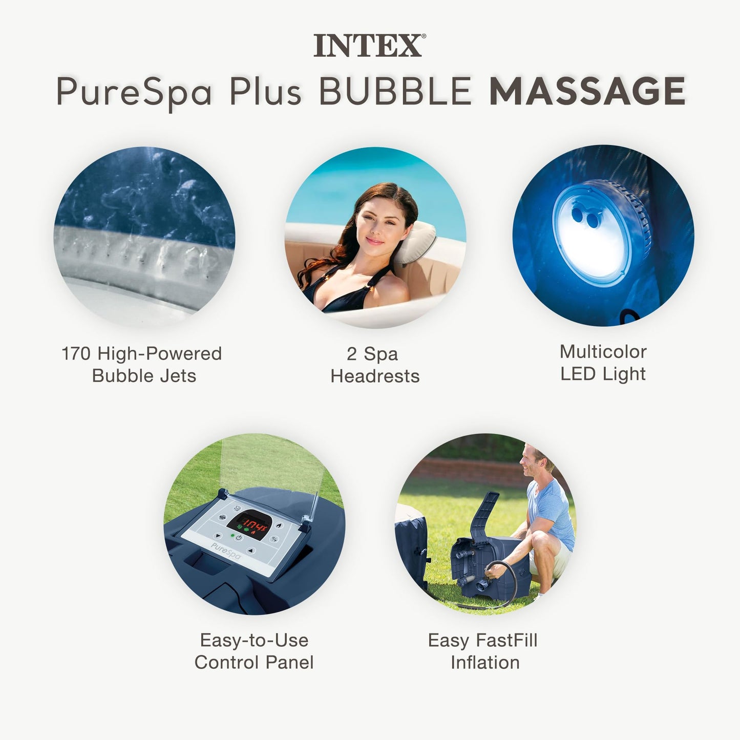 INTEX PureSpa Plus 6 Person Round Inflatable Hot Tub, Bubble Massage Spa Set with Energy Efficient Cover, 2 Headrests, & LED Light, 85 in x 28 in