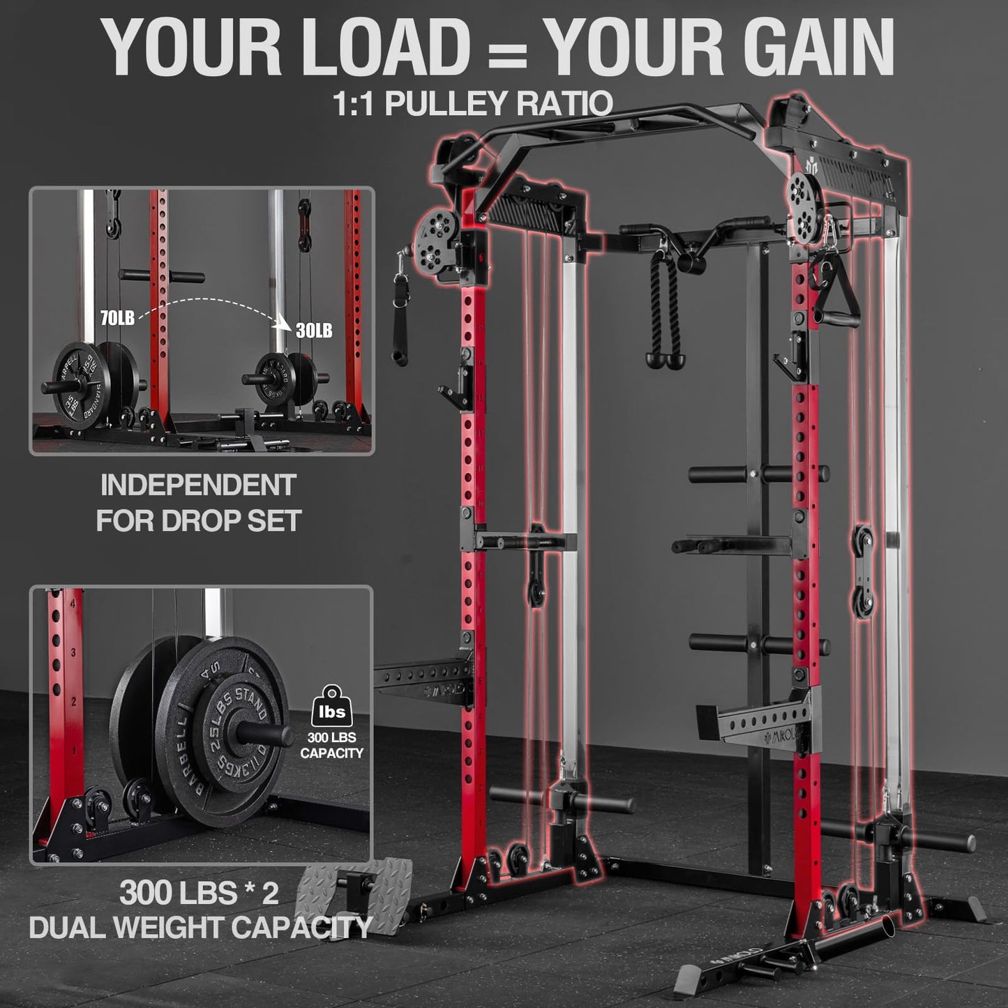 Mikolo Power Cage, 2000LB Power Rack with Independent Dual Pulley System, Multi-Function Home Gym Workout Machine for Cable Crossover and Squat(Red Package)