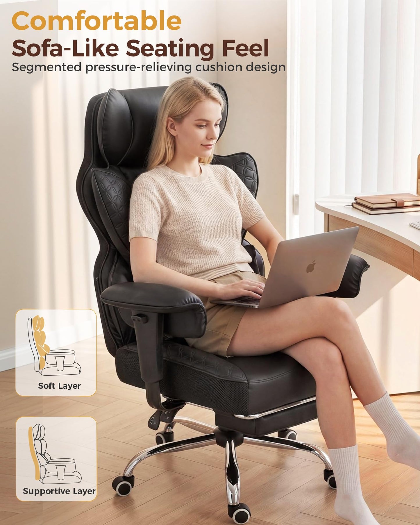COMHOMA Big and Tall Office Chair Heavy Duty Gaming Chair with Deluxe Embossing Leather High Back Wider Ergonomic Computer Chair with Foot Rest 150°Reclining Pocket Spring Lumbar Support