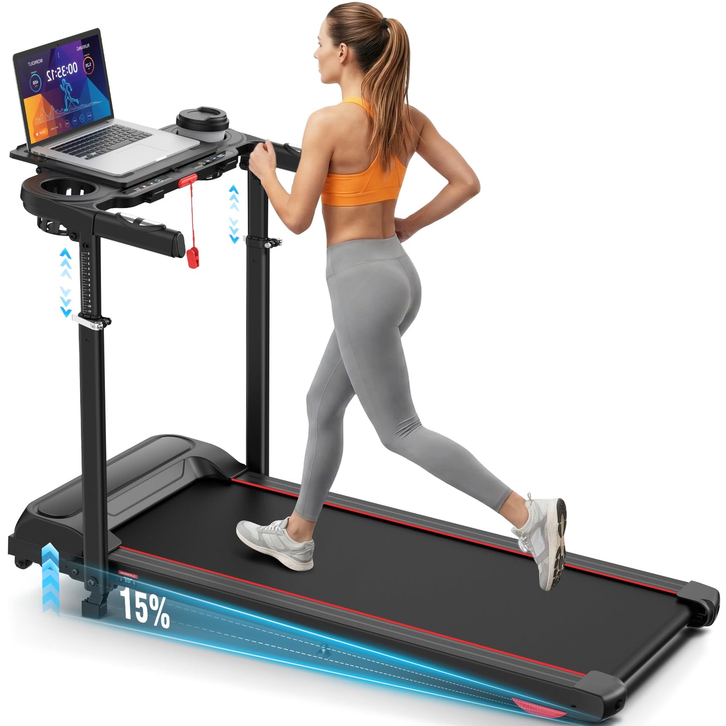 ANCHEER 15% Incline Walking Pad Treadmill with Desk Workstation & Adjustable Height, Portable Treadmills for Home 450 lbs Weight Capacity, 3.5HP Quiet Walking Pad with Desk, Installation in 4 Steps