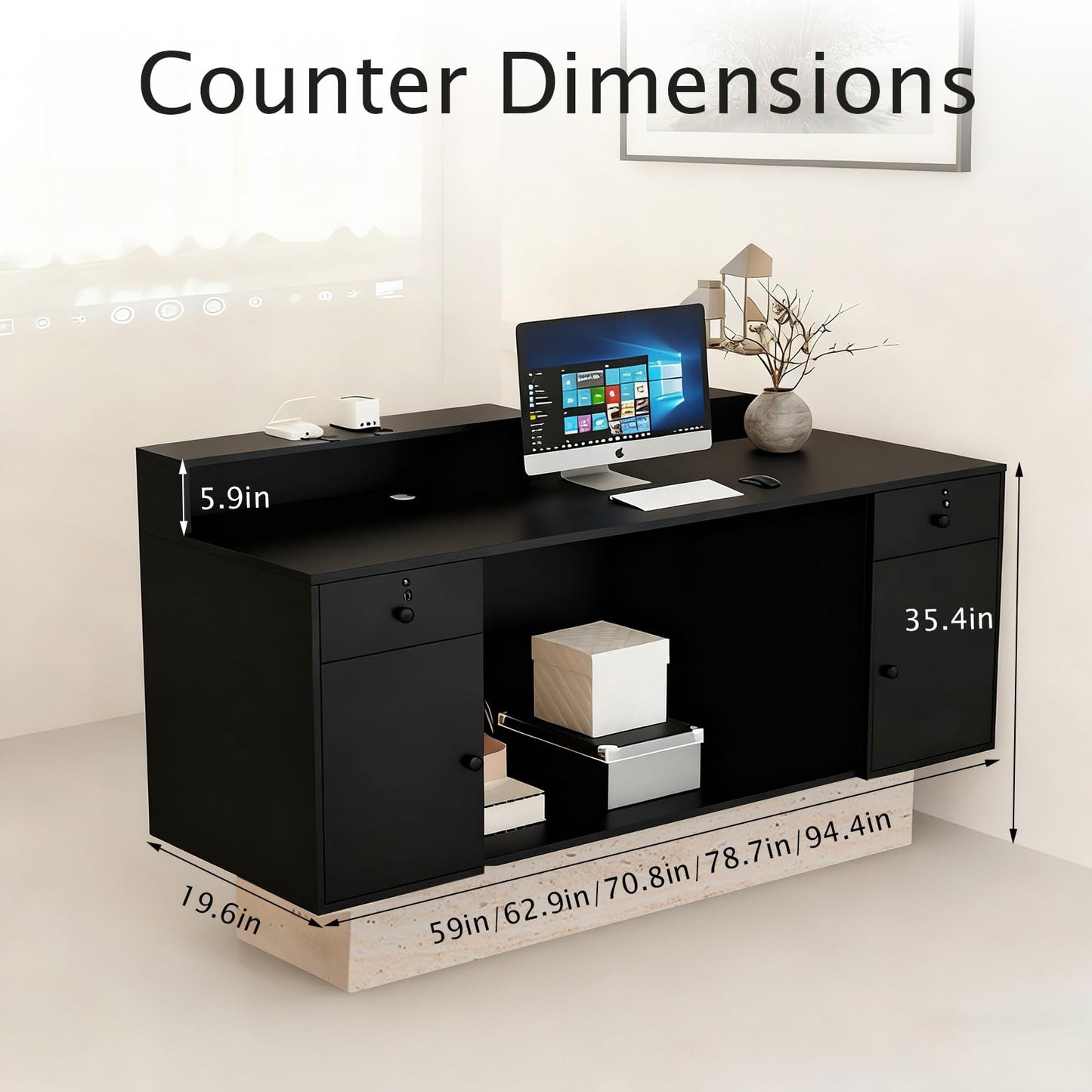 Front Reception Desk with Counter - Wood Modern with Storage Drawer for Salon Retail Office Checkout Barber Counter Table Mostrador para Negocio,Black + Stone/Right - 39.4″x19.6″x41.3″