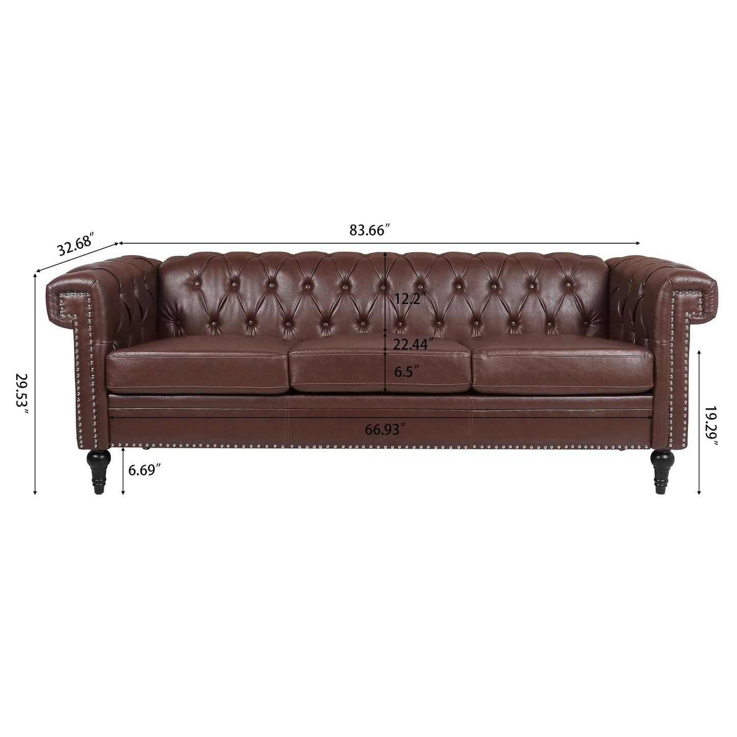 GDFStudio 84" Chesterfield Tufted Sofa Couch with Deep Seat Cushions, Rolled Arms & Gold Accent Strip, Midcentury Modern 3 Seater Upholstered PU Leather Sofa for Living Room, Dark Brown